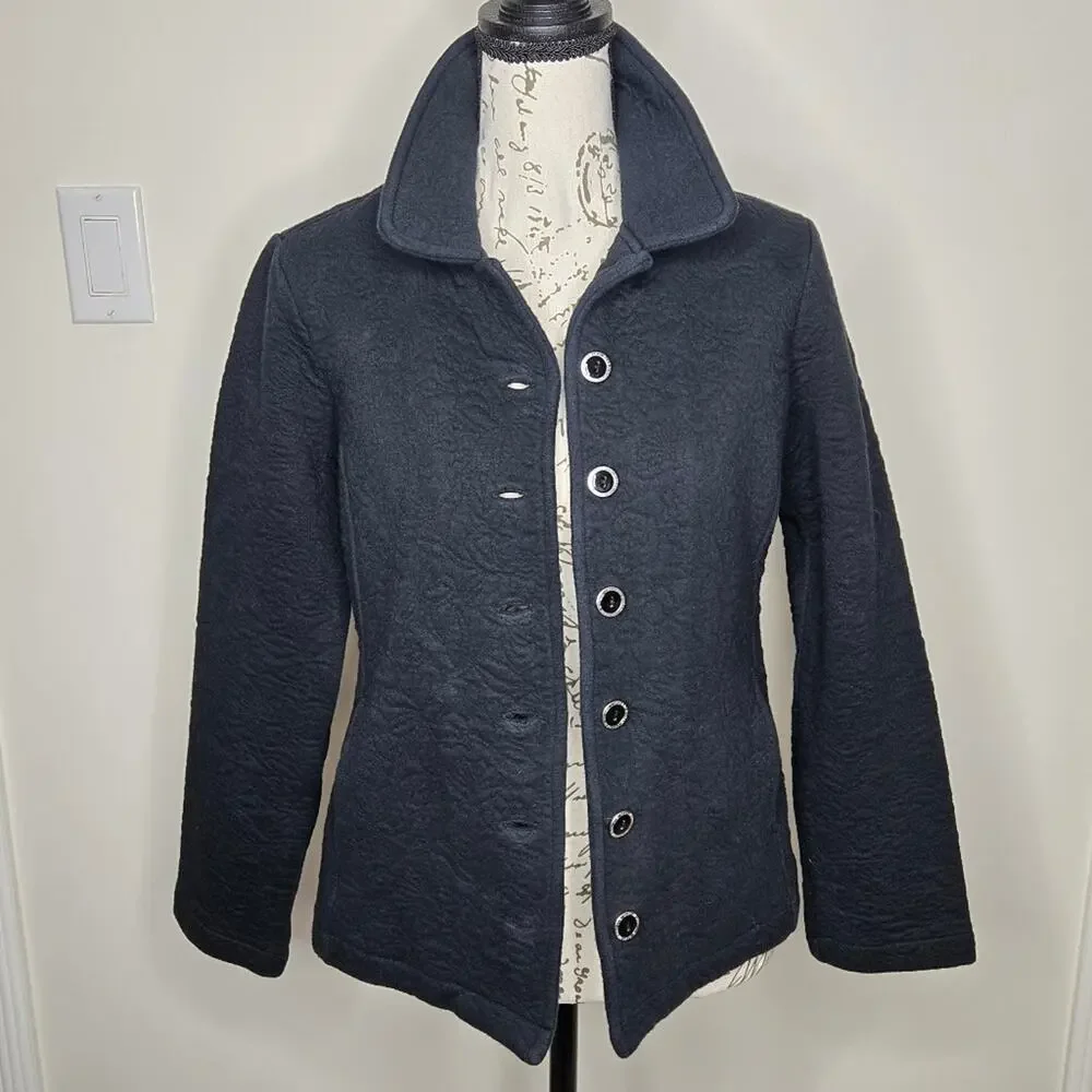 ISAAC MIZRAHI Navy Blue Floral Pattern  Quilted Jacket Collared Button Front S